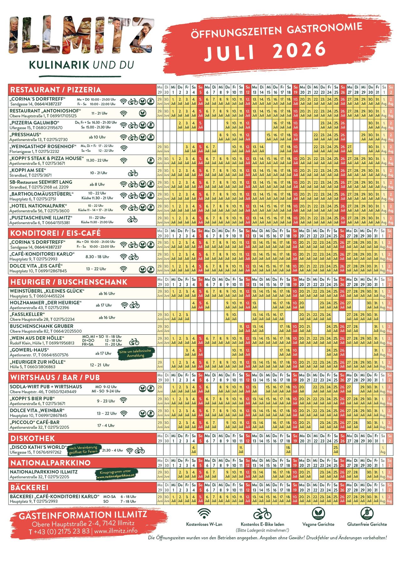 Ein Kalender zeigt die Öffnungszeiten von Restaurants und Bars vom 1. Mai bis 30. September. Verschiedene Lokale sind mit ihren Öffnungszeiten und Standorten aufgeführt. Jeder Wochentag ist farblich markiert.