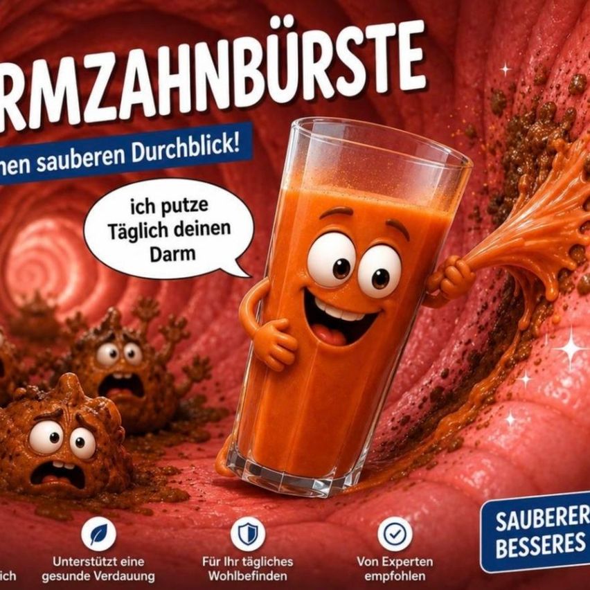 Eine Werbung für ein Glas Orangensaft mit einer Cartoonfigur, die den Darm reinigt. Der Saft verspricht, den Darm täglich zu reinigen. Symbole zeigen, dass er eine gesunde Verdauung unterstützt und von Experten empfohlen wird.
