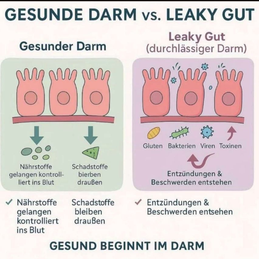 Vergleich eines gesunden Darms und eines durchlässigen Darms. Ein gesunder Darm kontrolliert schädliche Substanzen, während ein durchlässiger Darm sie in den Blutkreislauf gelangen lässt, was zu Entzündungen und Symptomen führt.