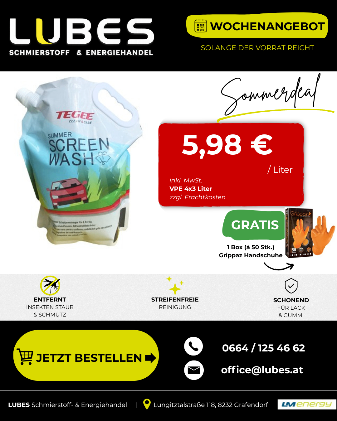 An advertisement for Tegée Summer Screen Wash, showing a bag with a car and trees, a price of 5.98 euros per liter, and a free box of Grippaz gloves. The product is free of insects, dust, and dirt, and is easy to clean.