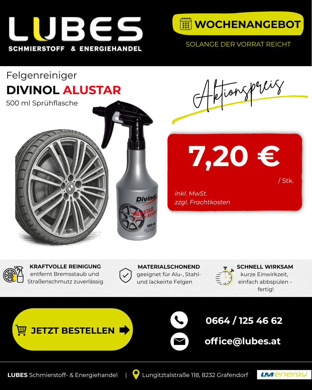 Eine Werbung für Divinol Alustar, ein Radreiniger. Es zeigt eine Sprühflasche mit einer 500 ml Sprühflasche, ein Rad und einen Preisschild von 7,20 Euro pro Stück. Das Produkt ist für Aluminium-, Stahl- und lackierte Räder geeignet. Es verspricht schnelle und effektive Reinigung.
