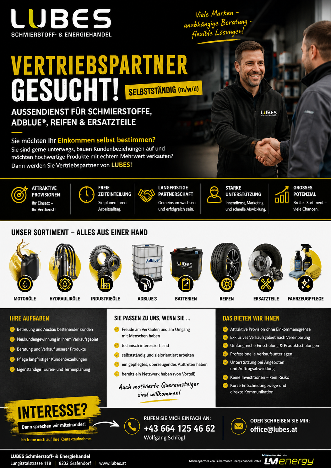 Eine Werbung für Lubes, die einen Mann zeigt, der mit einem anderen Mann Hände schüttelt und ihre Partnerschaft und Dienstleistungen für Schmierstoffe, Reifen und Ersatzteile hervorhebt. Die Anzeige betont ihr Engagement für Kundenzufriedenheit, freie Zeitplanung, langfristige Partnerschaften, starke Unterstützung und ein umfangreiches Produktsortiment.