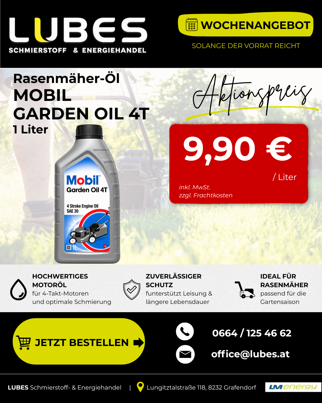 Advertisement for Mobil Garden Oil 4T, a 1-liter bottle priced at 9.90 euros per liter, suitable for 4-stroke engines, with a call to action to order now.