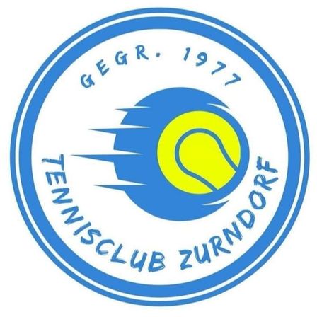 Das Logo des Tennisclubs Zurndorf zeigt einen Tennisball mit gelbem und blauem Hintergrund, umgeben von dem Namen des Clubs und dem Jahr 1977.