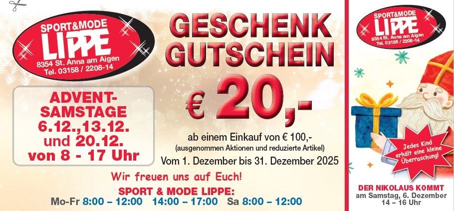 Ein Geschenkgutschein im Wert von 20 Euro bei einem Kauf von 100 Euro. Die Veranstaltung findet vom 1. Dezember bis 31. Dezember 2025 statt. Die Öffnungszeiten sind von 8:00 bis 12:00 und 14:00 bis 17:00 Uhr.