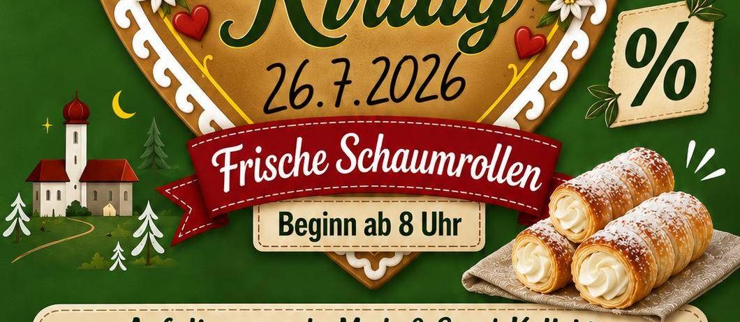 Ein Werbeplakat für Mutter Anna Kirtag am 26. Juli 2026 mit einem herzförmigen Design, frischen Sahnerollen und einem Rabattangebot für Bekleidung und Sportartikel.