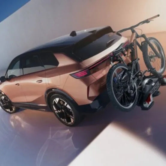 Ein moderner, kupferfarbener SUV mit einem Fahrrad an der Rückseite, der ein schlankes Design und eine innovative Fahrrad-Tragefunktion präsentiert.