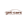Das Bild zeigt ein Logo für get-cars, das neue EU-Autos und Mietwagen verkauft. Das Logo zeigt eine braune Silhouette eines Autos.