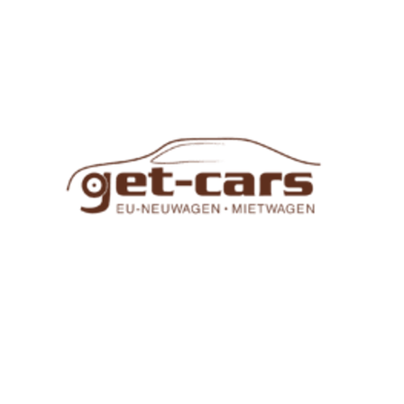 Das Bild zeigt ein Logo für get-cars, das neue EU-Autos und Mietwagen verkauft. Das Logo zeigt eine braune Silhouette eines Autos.