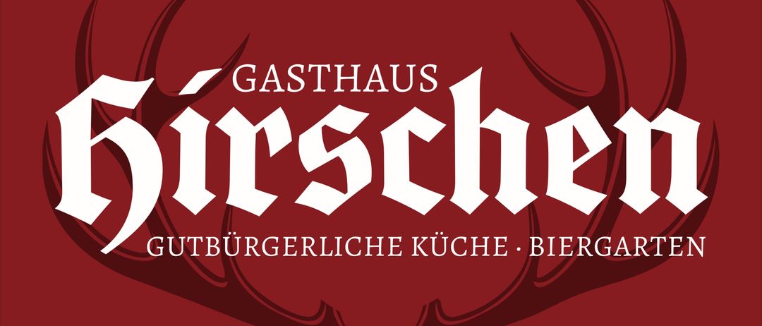 Ein Logo für Gasthaus Hirsche, mit einem Hirschgeweih-Design in weiß auf rotem Hintergrund. Es steht 'Gutburgerliche Kuche Bier' auf Deutsch.