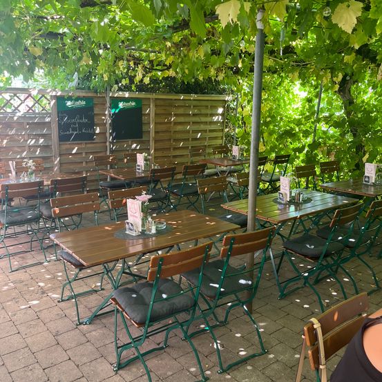 Ein Gartenrestaurant mit Holztischen und Stühlen, umgeben von Grün und einer Holzzaun. Es gibt Tafeln mit Schrift auf dem Zaun.