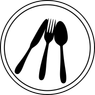 A white circle contains a fork, knife, and spoon in black silhouette.