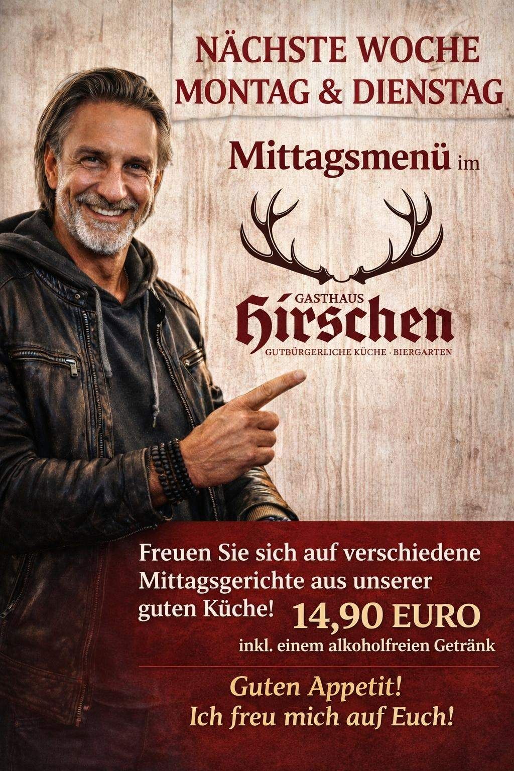 Werbung für ein Restaurant mit einem lächelnden Mann, der auf die Kamera zeigt und verschiedene Mittagsgerichte für 14,90 Euro anbietet.