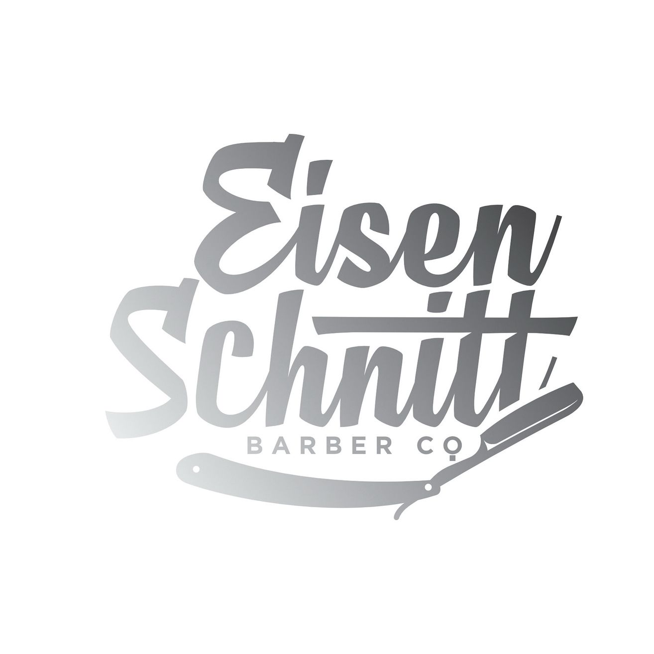Das Logo für Eisen Schnitt Barber Co. zeigt eine Friseurschere mit dem Namen in einer stilisierten, modernen Schrift.