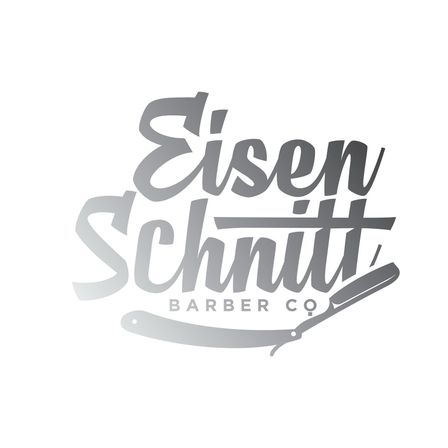 Das Logo für Eisen Schnitt Barber Co. zeigt eine Friseurschere mit dem Namen in einer stilisierten, modernen Schrift.