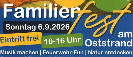 A flyer for the Familienfest event at Stubenberg See on September 6, 2026, featuring a smiling mother and child, with highlights like new attractions, sports, and games.