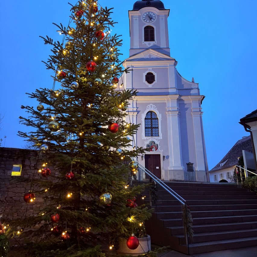 Ein Weihnachtsbaum ist wunderschön mit Ornamenten und Lichtern geschmückt und steht vor einer Kirche in der Dämmerung. Die Kirche hat einen Turm mit einer Uhr und einer roten Tür.