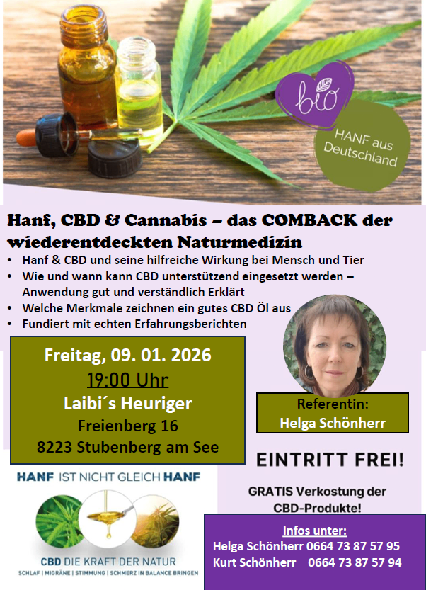 Plakat zur Hanf-Veranstaltung am 9. Januar 2026 bei Laibis Heuriger, Freienberg 16, 8223 Stubenberg. Referentin Helga Schonherr bietet freien Eintritt und kostenlose Verkostung von CBD-Produkten an.