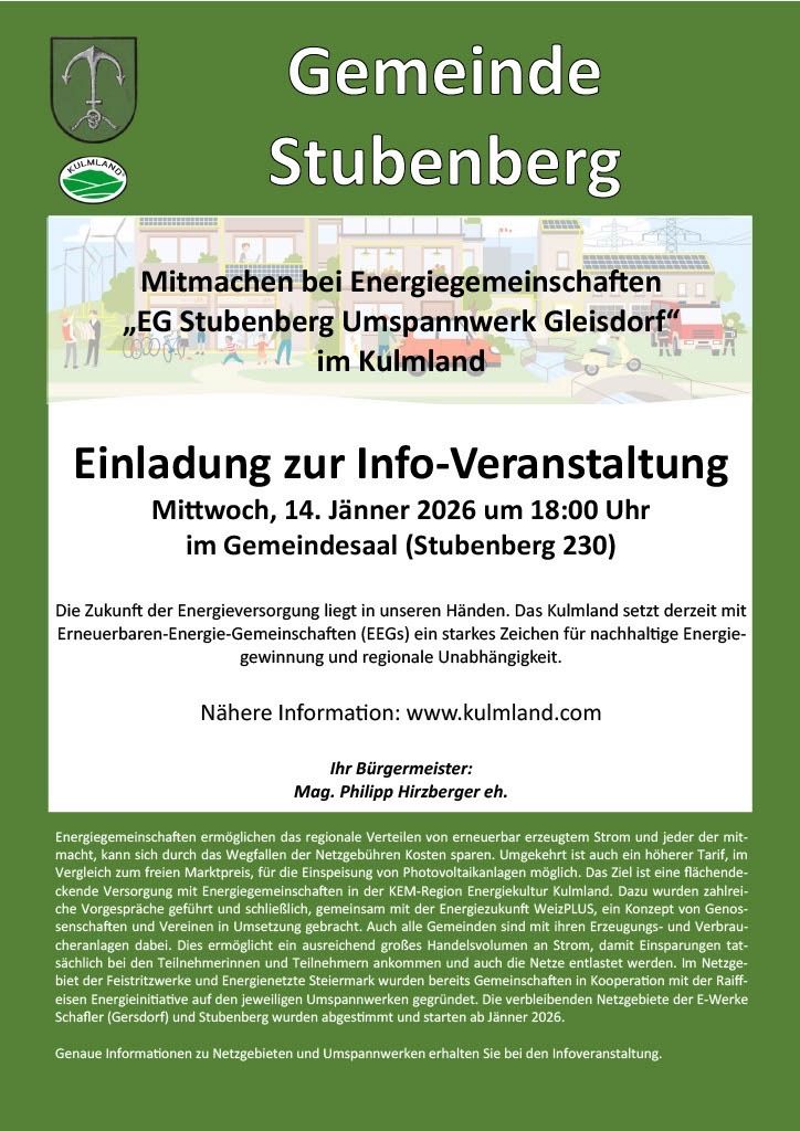 Eine Einladung zur Info-Veranstaltung für das EG Stubenberg Umspannwerk in Kulmland. Geplant für Mittwoch, 14. Jänner 2026 um 18:00 Uhr im Gemeindesaal (Stubenberg 230). Nähere Informationen unter www.kulmland.com.