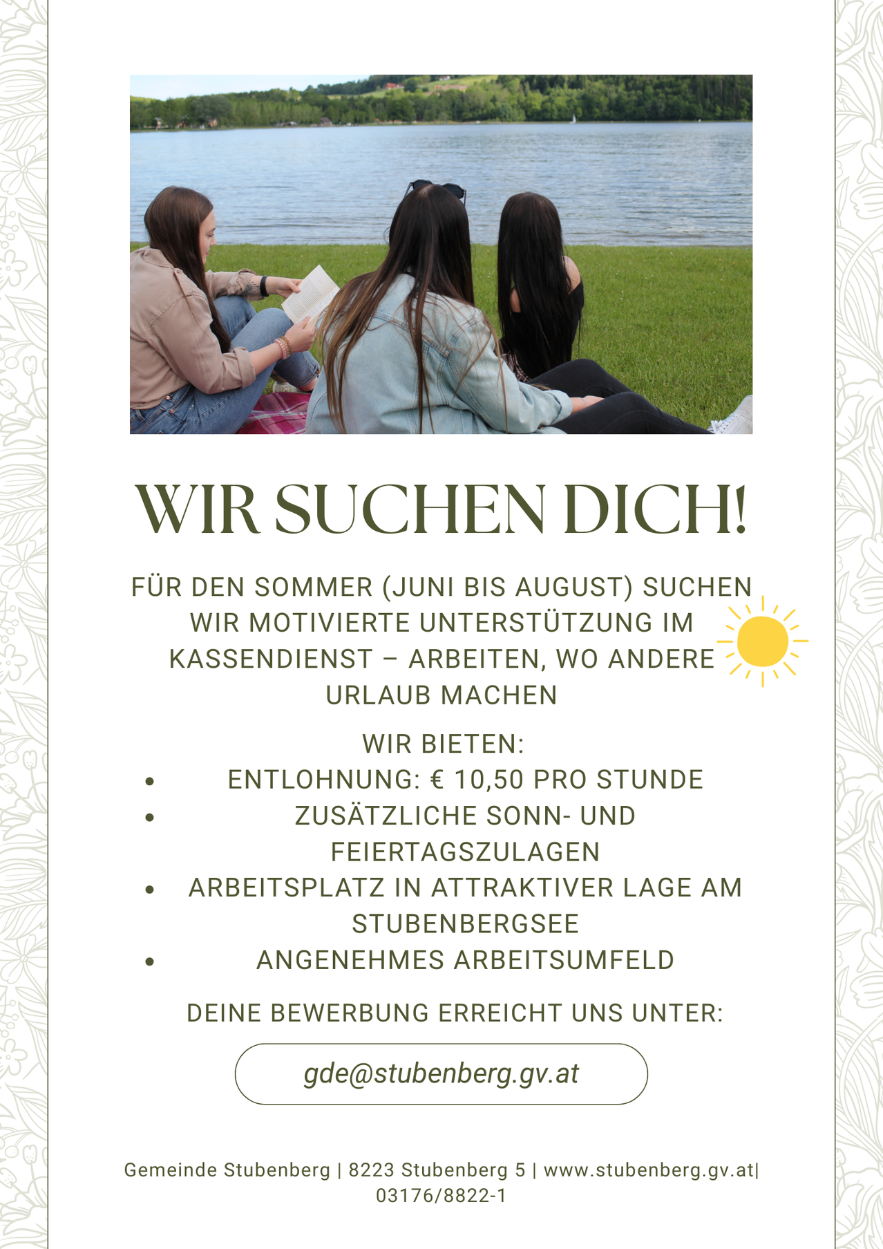 Ein Rekrutierungsposter sucht motivierte Unterstützungskräfte für den Sommer in einem Bank-Geldservice, bietet 10,50 € pro Stunde, zusätzliche Urlaubszulagen, einen Arbeitsplatz am Stubensee und eine angenehme Arbeitsumgebung.