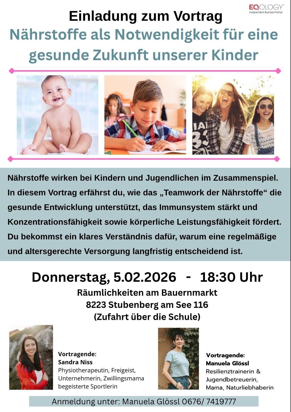 Ein Poster mit drei Bildern von Kindern und einem Jungen beim Lernen. Es erklärt, wie Nährstoffe zusammenwirken, um eine gesunde Entwicklung, Unterstützung des Immunsystems und Konzentration zu fördern. Ein Vortrag ist für Donnerstag, 5. Februar 2026, um 18:30 Uhr im Bauernmarkt-Saal geplant.