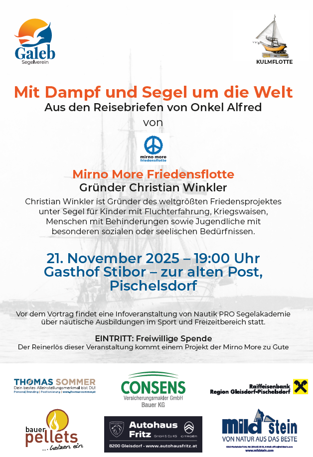 Das Bild ist ein Poster für eine Präsentation von Onkel Alfred über die Mirno More Friedensflotte. Es zeigt Datum, Zeit und Ort der Veranstaltung. Es erwähnt eine vorausgehende Segelakademie und ermutigt zu Spenden für ein Mirno More Projekt.
