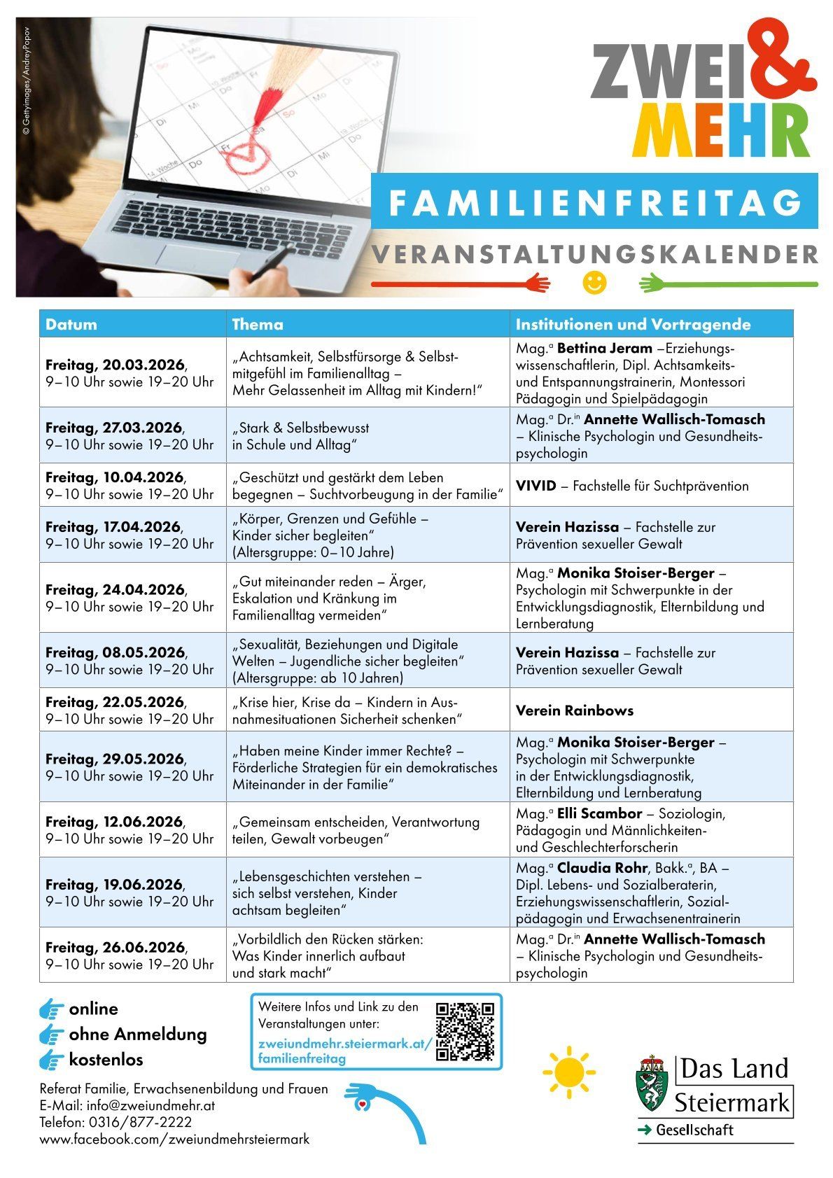 Familienfreitags-Veranstaltungskalender mit Terminen, Themen und Referenten. Themen umfassen Bindung, Selbstfürsorge, Schulstress, Selbstverteidigung und digitale Beziehungen. Veranstaltungen finden von 9-10 Uhr und 19-20 Uhr statt.