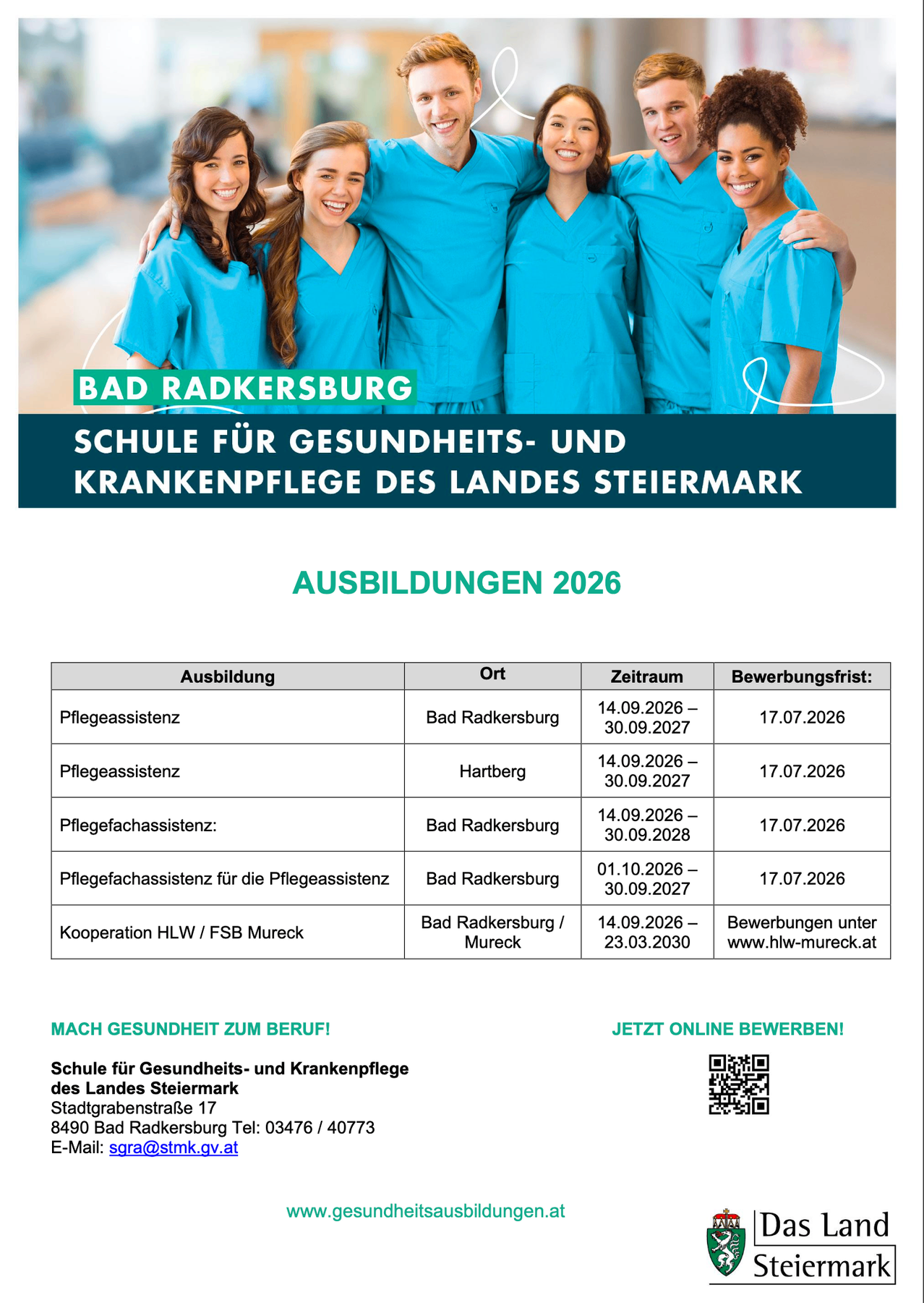 Das Bild zeigt eine Werbung für die Bad Radkersburg Schule für Gesundheits- und Krankenpflege in der Steiermark. Es listet bevorstehende Ausbildungskurse für 2026 auf, einschließlich Daten und Bewerbungsfristen. Ein QR-Code ist für die Online-Bewerbung verfügbar.