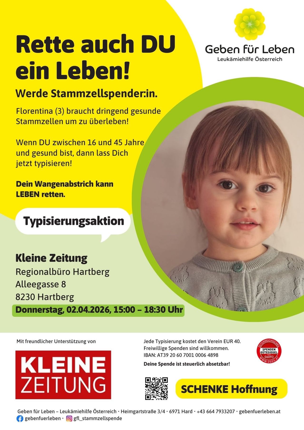 Werbeanzeige für eine Blutspende-Veranstaltung. Sie ermutigt Menschen im Alter von 16 bis 45 Jahren, Blut zu spenden. Es enthält ein Bild eines Kindes mit einer Sprechblase, die ein Leben sagt. Die Veranstaltung findet im Regionalburo Hartberg am 2. April 2026 statt.