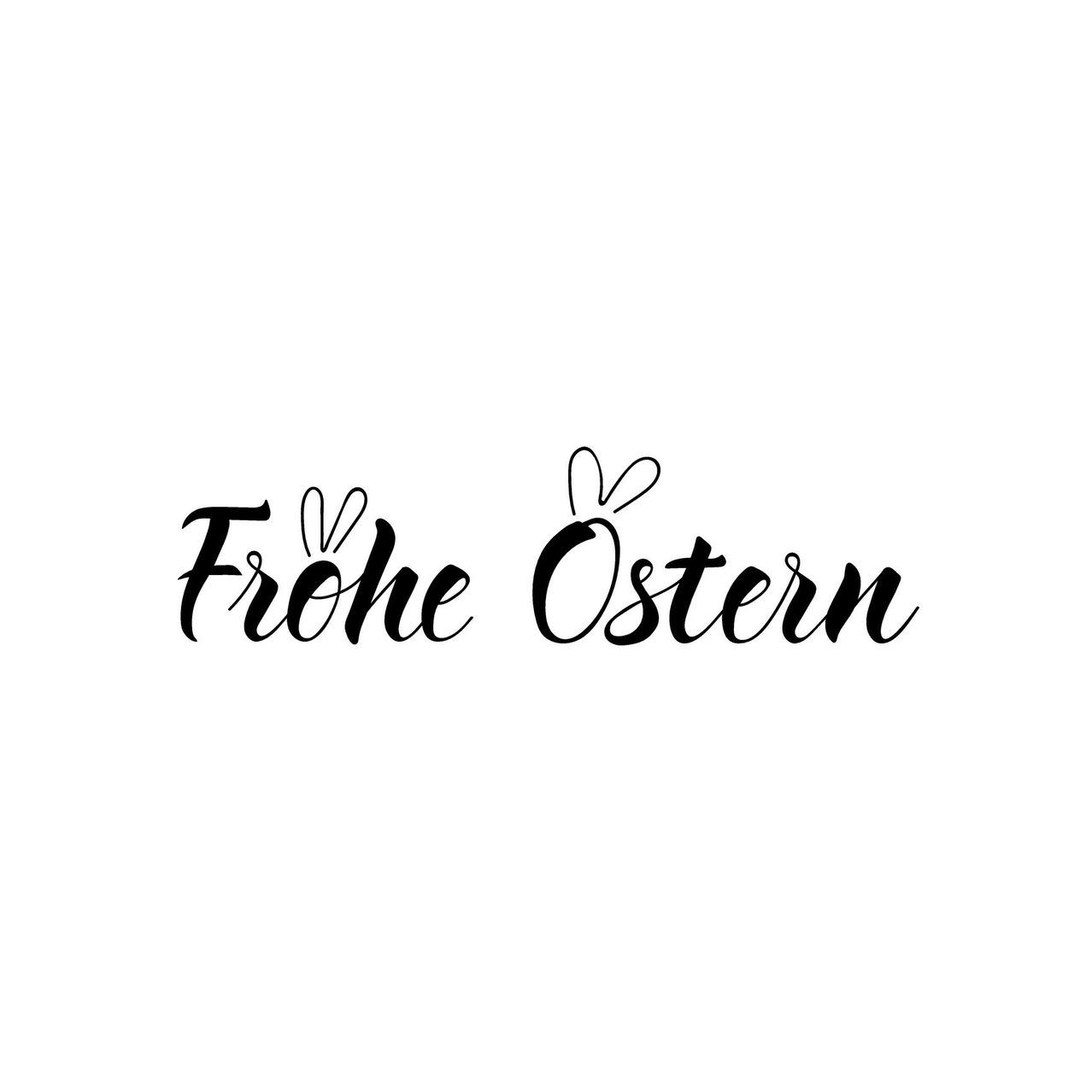 A black and white image displays a handwritten phrase 'Frohe Ostern' with decorative bunny ears above and below the text.