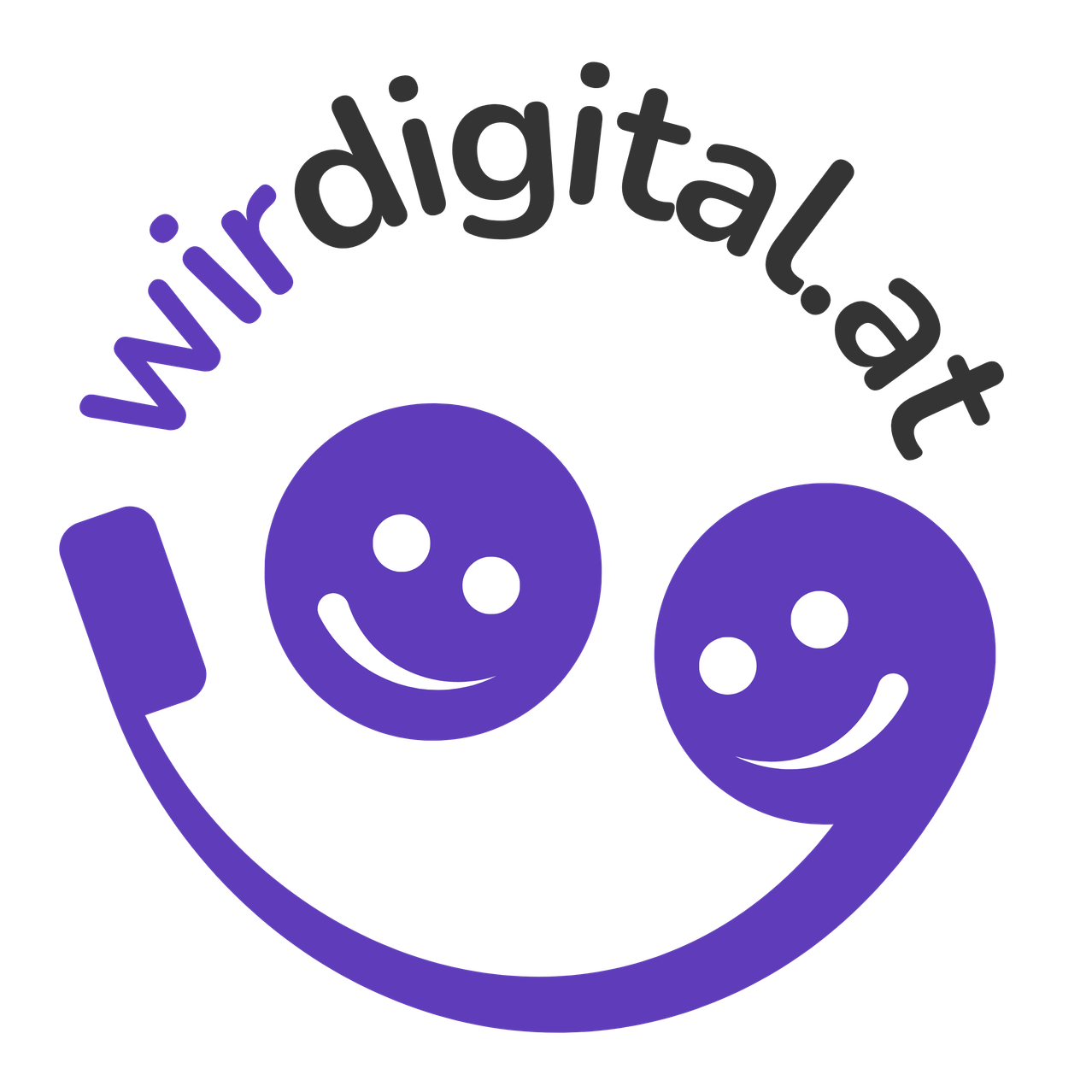 A purple phone handset with two smiling faces and the text 'wirdigital.at' above it on a black background.