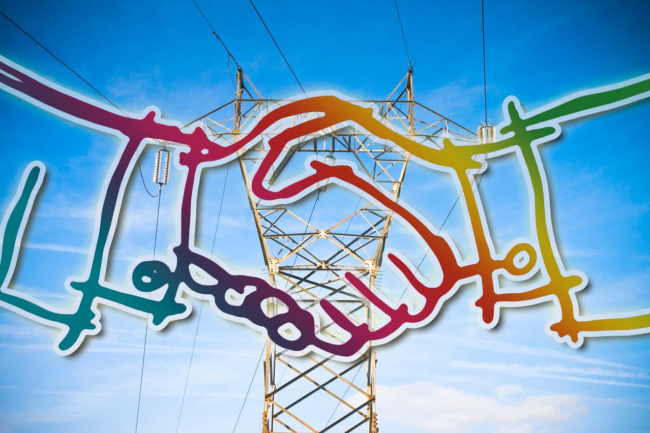A colorful handshake graphic overlaying a power line tower with a blue sky.