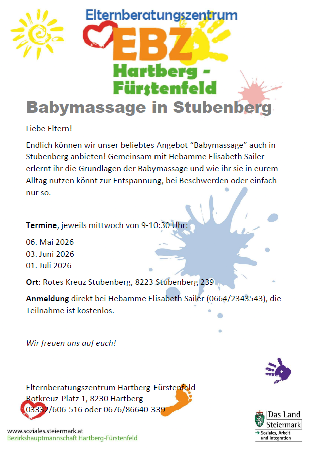 Baby massage event in Stubenberg. Midweek sessions from 9-10:30. Dates: May 6, June 3, July 1. Location: Rotes Kreuz Stubenberg. Registration with Elisabeth Sailer. Free participation.
