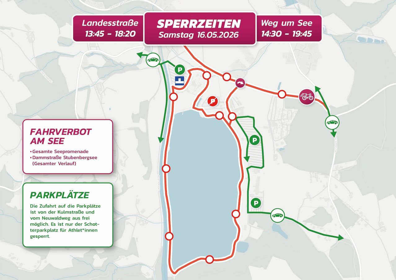 Die Karte zeigt die Sperrzeiten der Route für Samstag, den 16.05.2026. Die Landesstraße ist von 13:45 bis 18:20 Uhr gesperrt. Die Straße um den See ist von 14:30 bis 19:45 Uhr gesperrt.