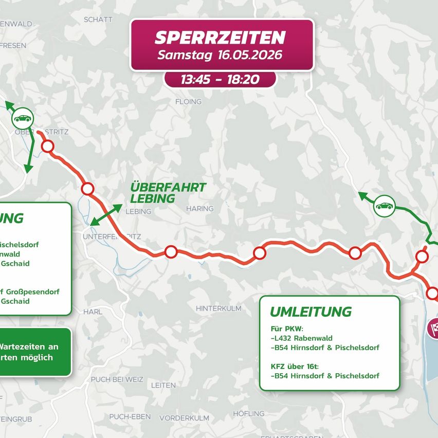 Das Bild zeigt eine Karte mit einer Zugstrecke, die in Rot markiert ist. Die Strecke verläuft zwischen SPERRZEITEN am Samstag, 16.05.2026, von 13:45 bis 18:20. Die Strecke umfasst Haltestellen wie Floing, Haring, Unterfeitz und weitere. Es werden auch Umleitungen und Parkinformationen angegeben.