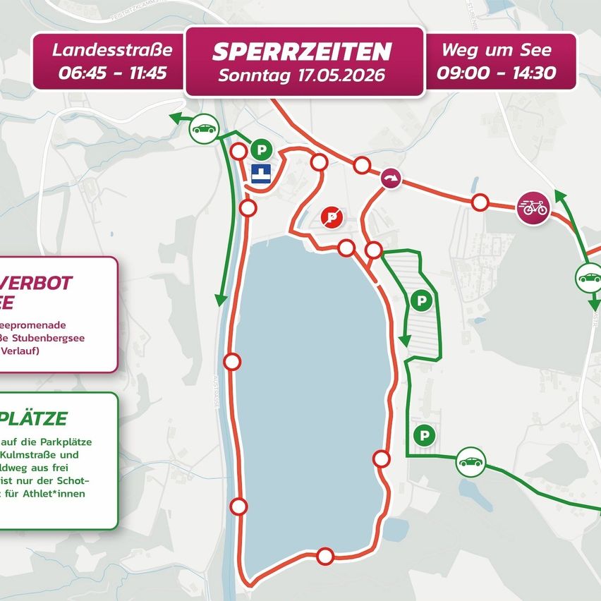 Eine Karte zeigt die Route einer Fahrradveranstaltung am Sonntag, 17. Mai 2026. Die Sperrzeiten sind von 06:45 bis 11:45. Die Route beginnt an einem See und folgt Straßen, die mit Park- und Fahrradsymbolen gekennzeichnet sind.