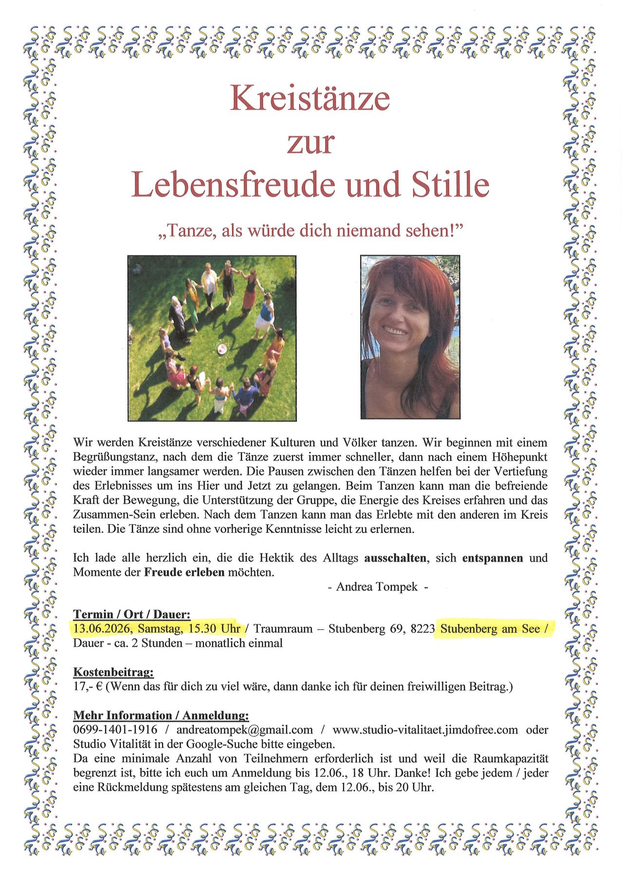 Einladung zu einem Tanzworkshop von Andrea Tompek am 13.06.2026. Der Workshop trägt den Titel 'Zur Lebensfreude und Stille.' Das Bild zeigt eine lächelnde Frau und eine Gruppe von Tänzern. Die Teilnahme ist kostenlos, und Kontaktinformationen sind angegeben.