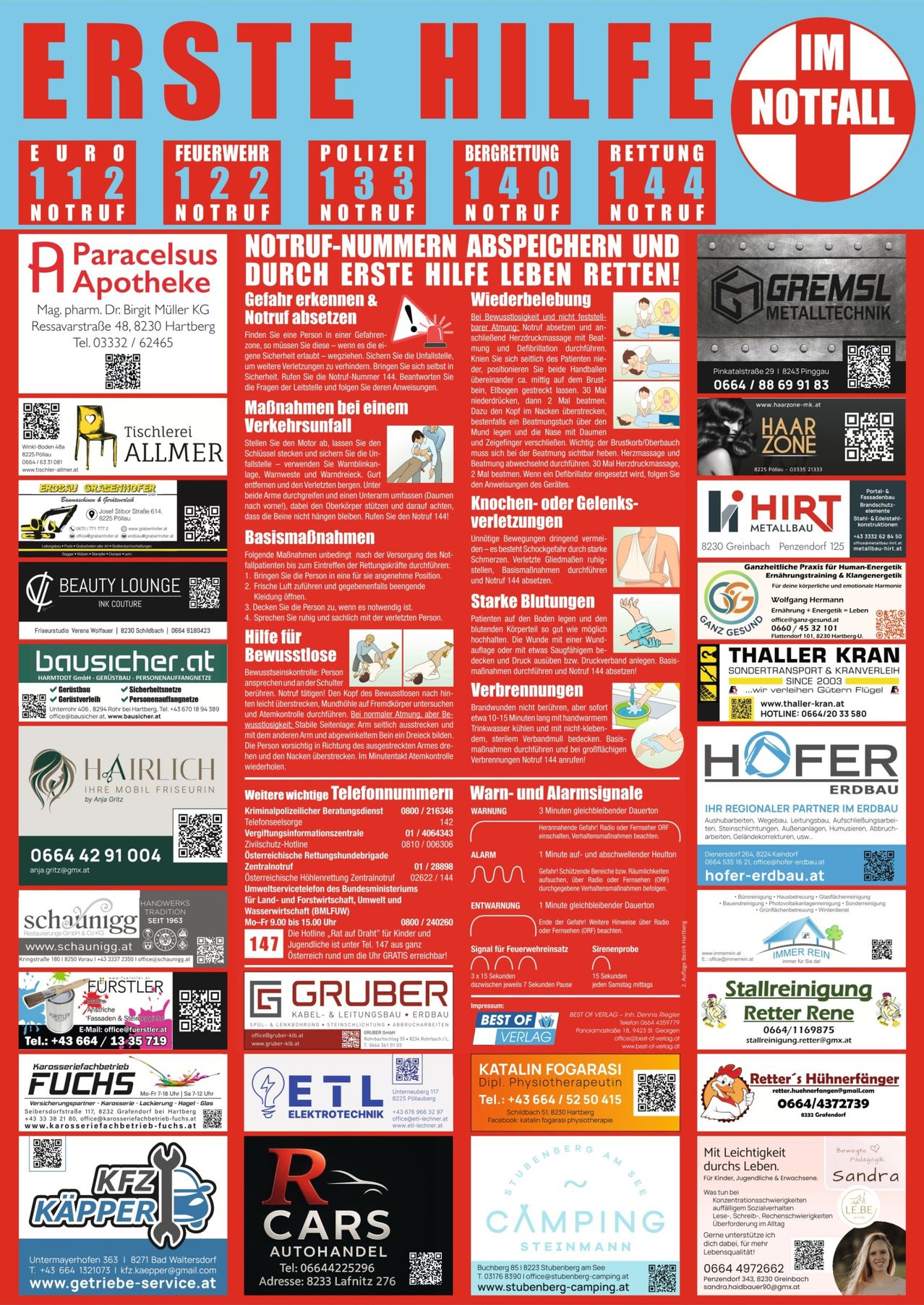 Das Bild zeigt Notfallinformationen über Notrufnummern und Maßnahmen im Notfall. Es enthält Details zum Erkennen von Gefahren, Erste Hilfe und Warnhinweise. Kontaktdaten für Rettungsdienste und Hotlines werden bereitgestellt.