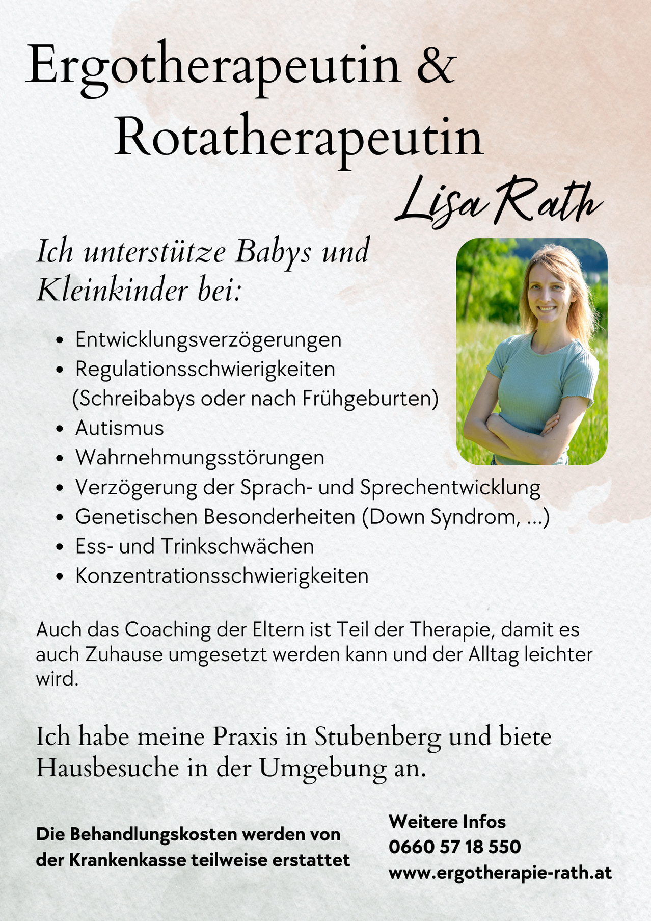 Die Rotatherapeutin Lisa Rath unterstützt Babys und Kleinkinder mit Entwicklungsverzögerungen, Regulationsschwierigkeiten, Autismus, Wahrnehmungsstörungen, Sprachverzögerungen, genetischen Besonderheiten, Ess- und Trinkschwächen und Konzentrationsschwierigkeiten. Elterncoaching ist ebenfalls Teil der Therapie. Lisa hat ihre Praxis in Stühenberg und bietet Hausbesuche an.