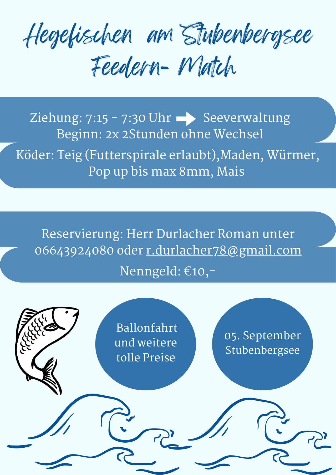 Eine Anzeige für einen Angelausflug am 5. September. Es enthält Details zur Zeit, zum Köder und Kontaktinformationen für Reservierungen.