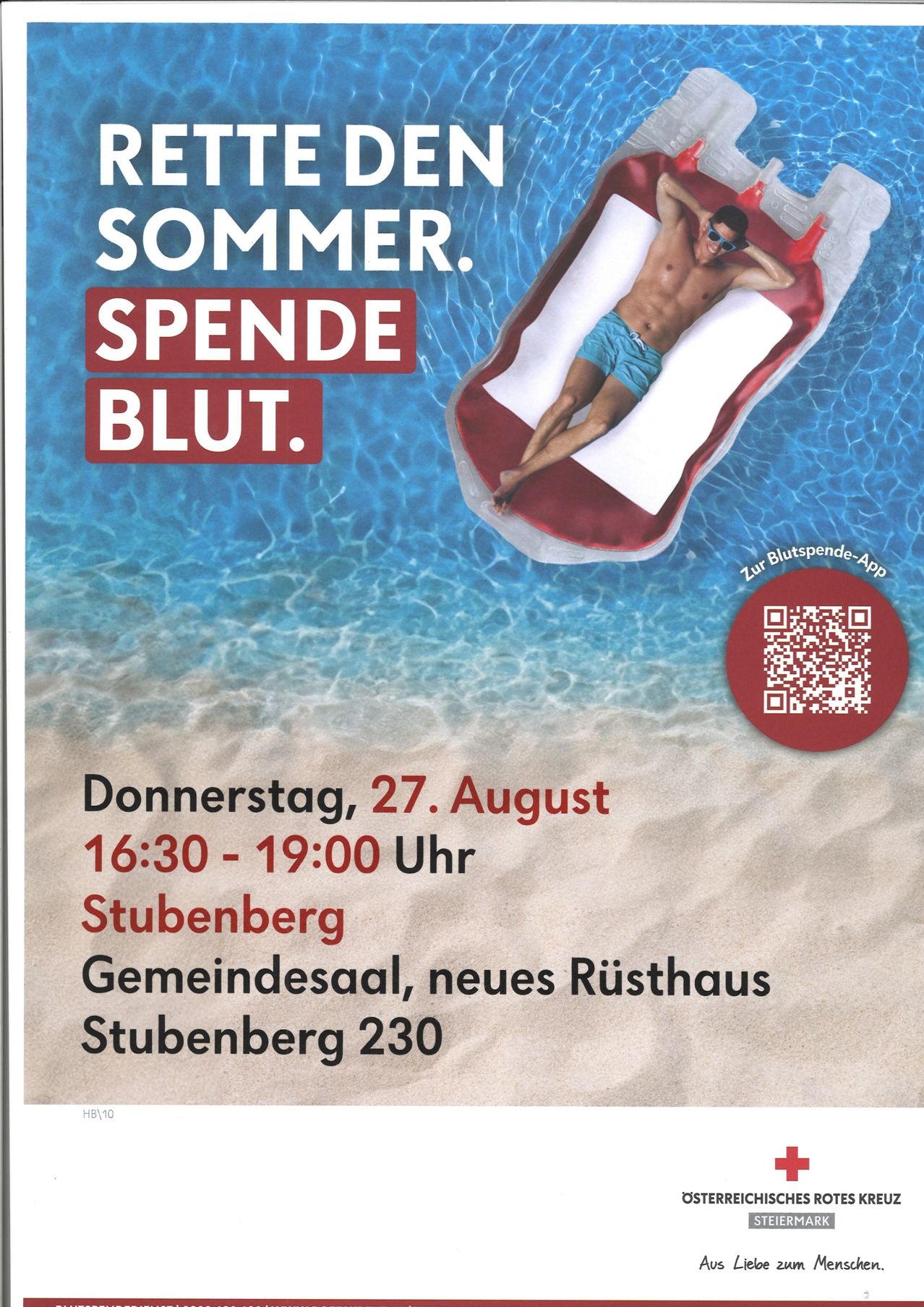 Ein Plakat für eine Blutspende-Veranstaltung am 27. August, mit einem Mann auf einem Schwimmbecken, mit Angaben zu Zeit und Ort.