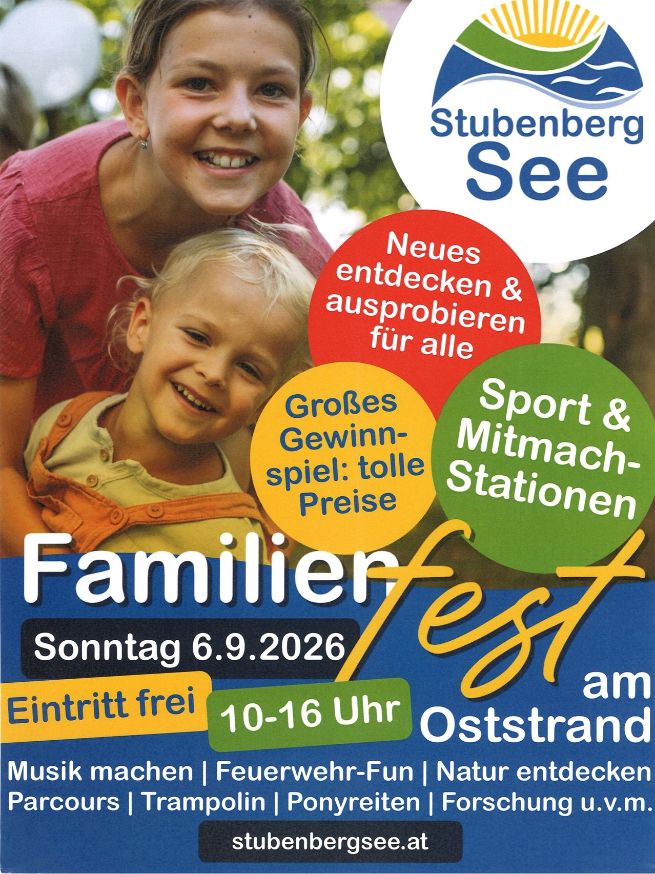 Poster for a family festival at Stubenerberg See, featuring a smiling woman and child, with highlights on discovering new attractions, sports, and games for all ages. Free entry on Sunday, September 6, 2026, from 10 AM to 4 PM at Oststrand.