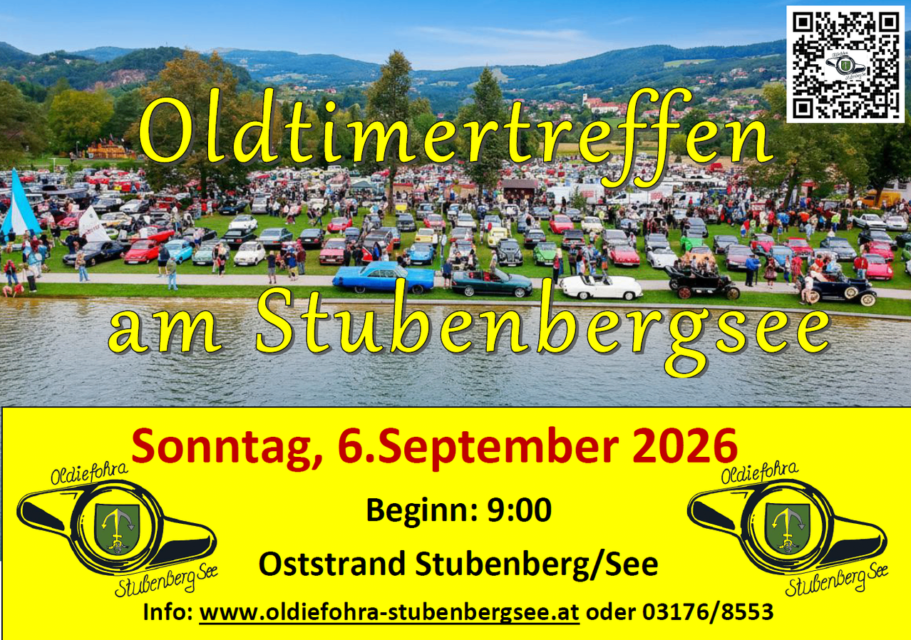 An outdoor event with many classic cars parked on a grassy field. The event is called Oldtimertreffen am Stubenbergsee. The date is Sunday, September 6, 2026. The event starts at 9:00 AM.