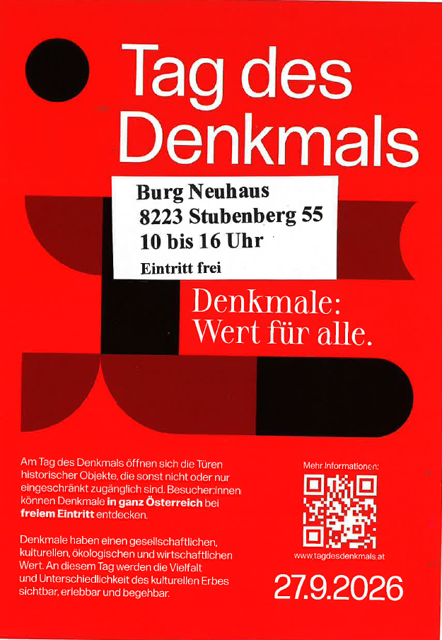 Poster for the Day of Monuments, featuring an invitation to visit historical sites in Austria, free of charge. The poster highlights the societal, cultural, and economic value of monuments. QR code for more information.