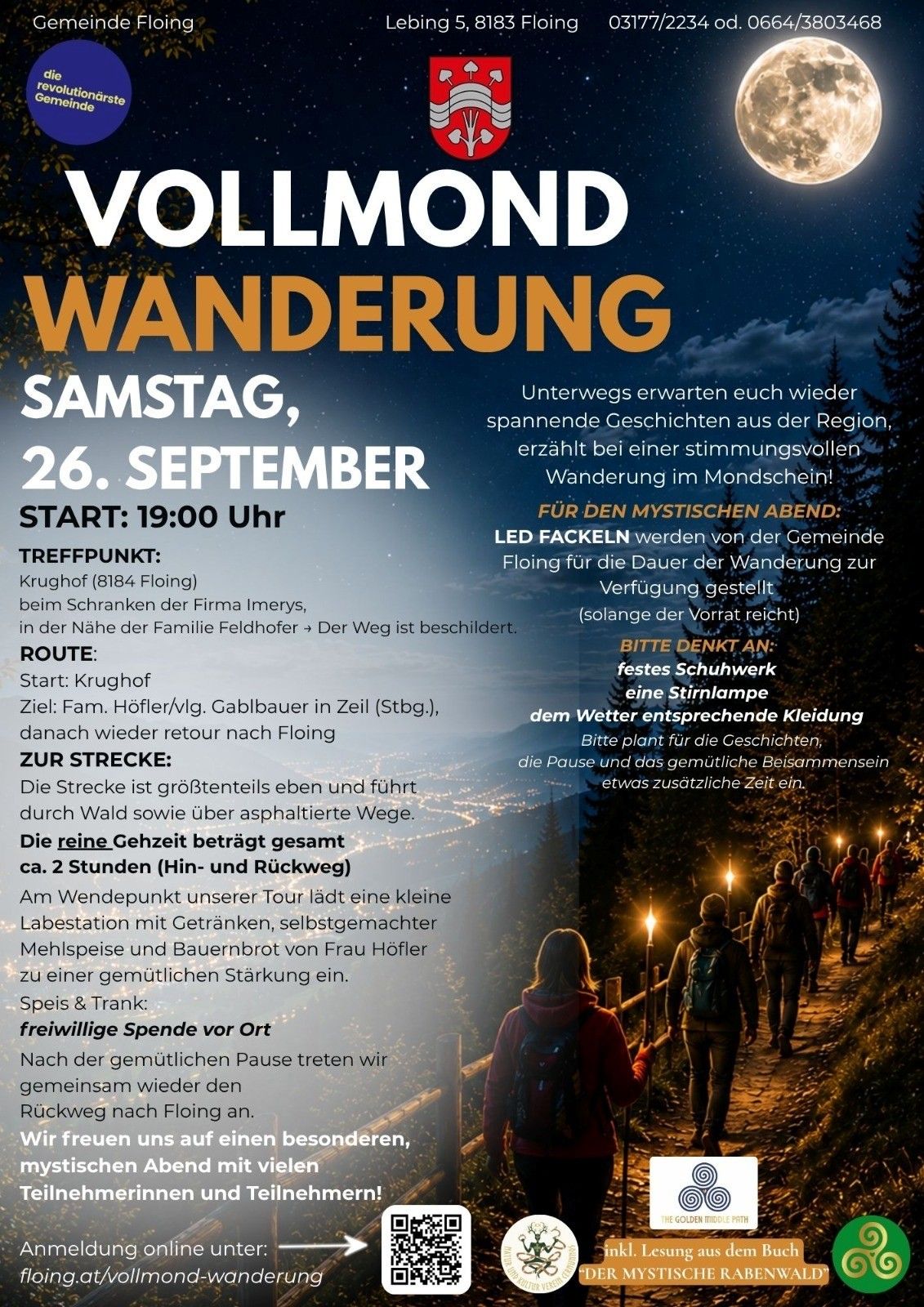 A flyer for a full moon hike on Saturday, September 26th. The hike starts at 7:00 PM at Krughof. The route leads through the woods and paved roads, with a rest stop at the halfway point. Participants are encouraged to bring appropriate clothing and a headlamp.