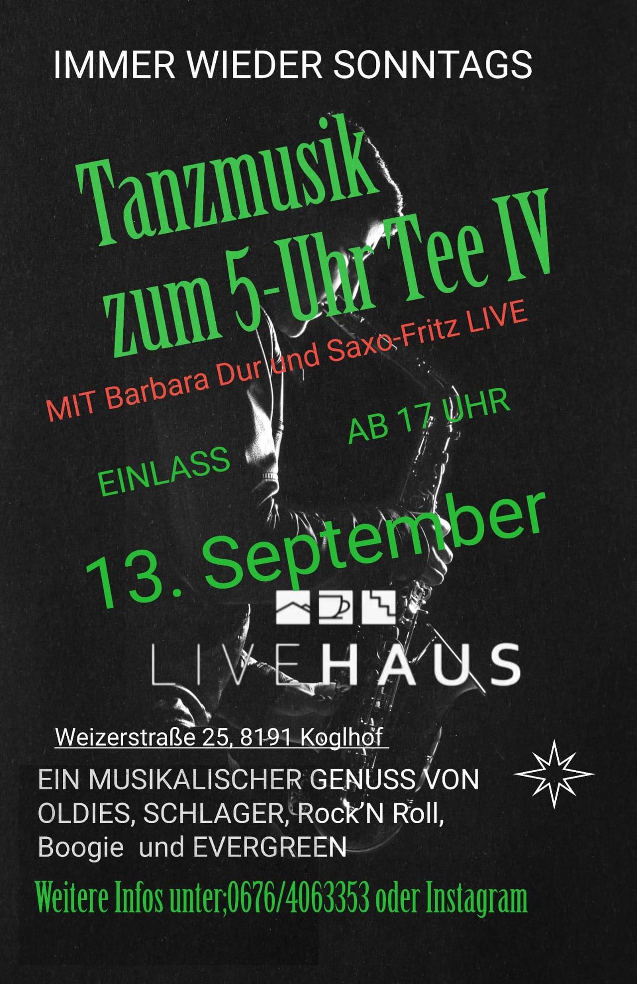 Poster for a live music event featuring Barbara Dur and Saxo-Fritz on September 13th at Live Haus in Koglhof. The event starts at 5 PM and admission is free. The poster is in black with green and red text.