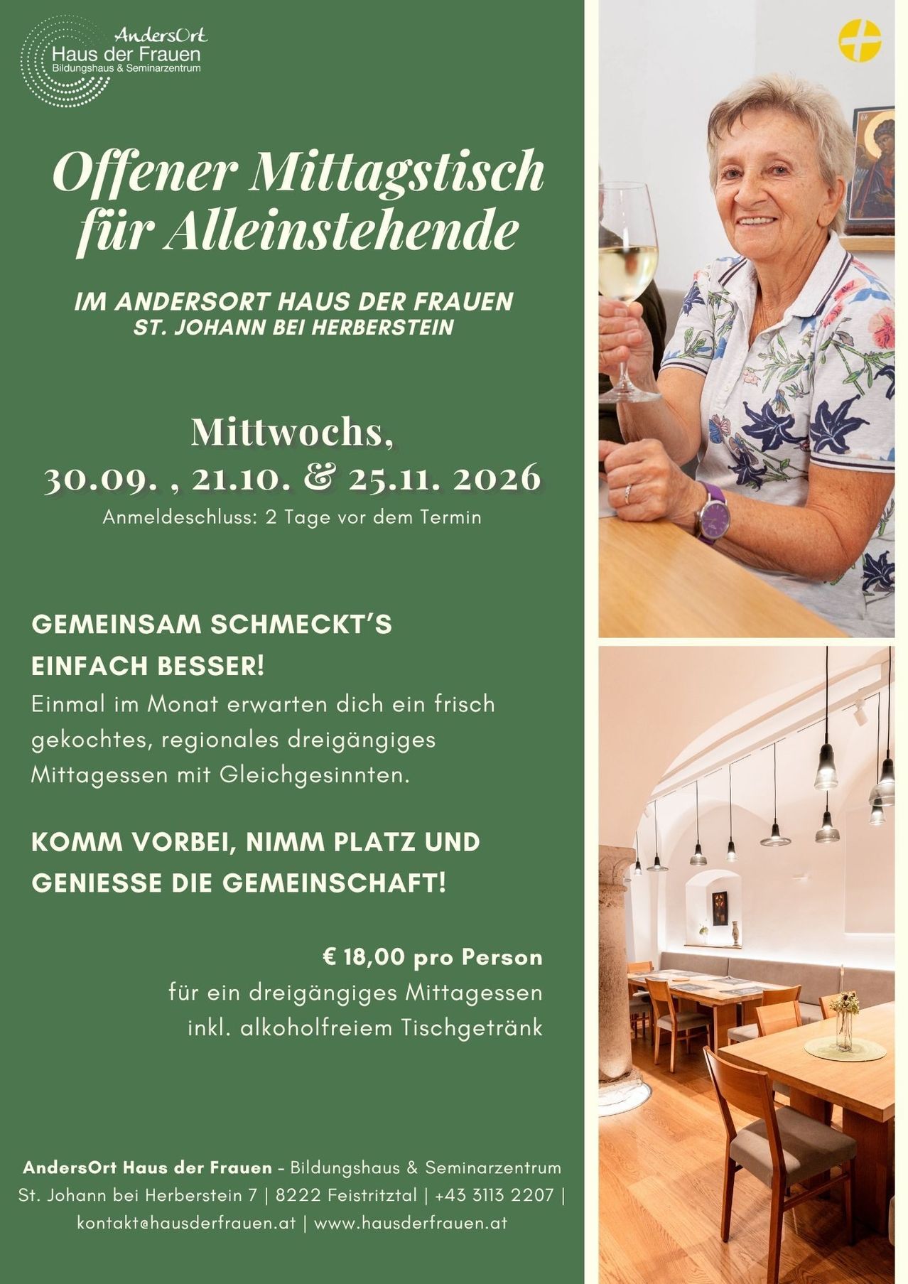An advertisement for a monthly lunch gathering for singles at a women's house in St. Johann bei Herberstein. The image shows a smiling woman holding a wine glass, a dining table, and a cozy dining room.