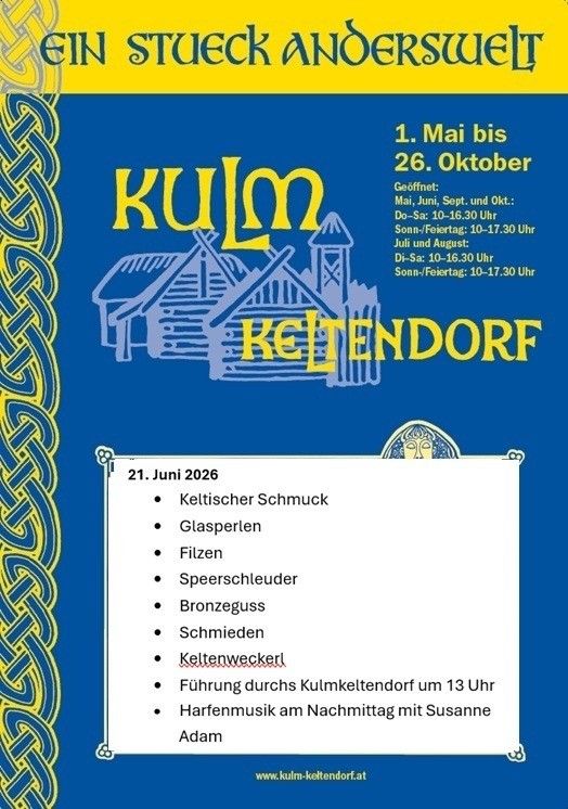 Plakat für Kulm Keltendorf im Jahr 2026, mit einem keltischen Dorf, Öffnungszeiten und Veranstaltungen.