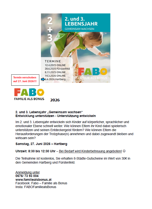 Werbung für eine kostenlose Familienunterstützungsveranstaltung, FABO 2026, in Hartberg am 27. Juni 2026. Die Veranstaltung zielt darauf ab, die Entwicklung von Kindern im zweiten und dritten Lebensjahr zu unterstützen. Die Anmeldung ist kostenlos.