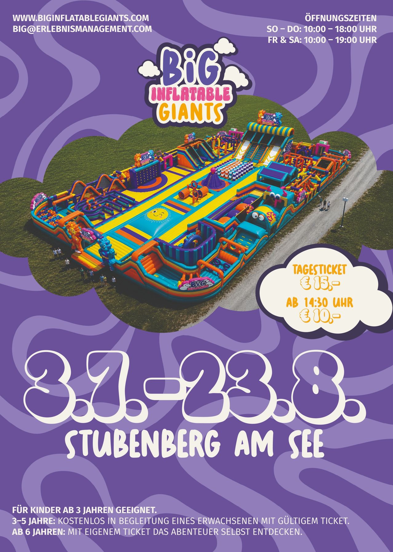 Inflatable Giants Veranstaltung mit einem großen, bunten aufblasbaren Spielplatz. Termine: 22.-23. Juli 2023. Ort: Stubenberg am See. Tagestickets für Altersgruppe 15+: €15, Altersgruppe 10-14: €10. Beginn: 14:30 Uhr.